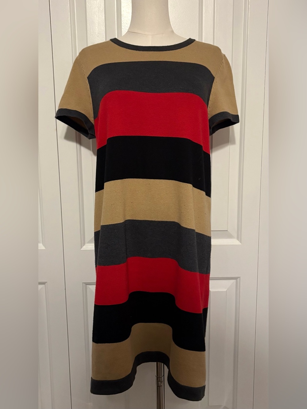 Unbranded Beige, Red & Black Horizontal Striped Knit Short-Sleeve Tunic/Dress